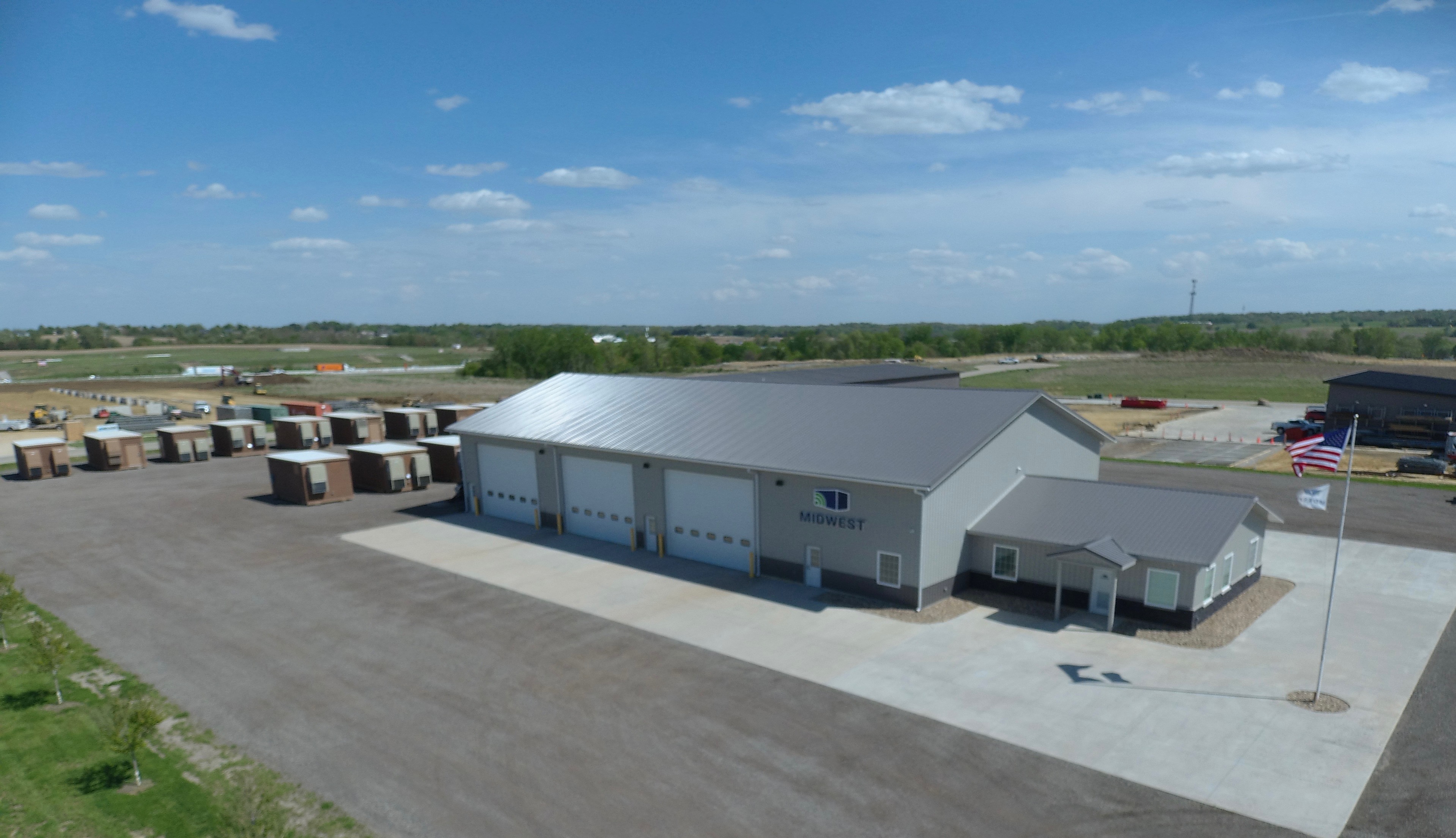 Aerial view of Midwest Surplus Inc. facility and concrete communication buildings